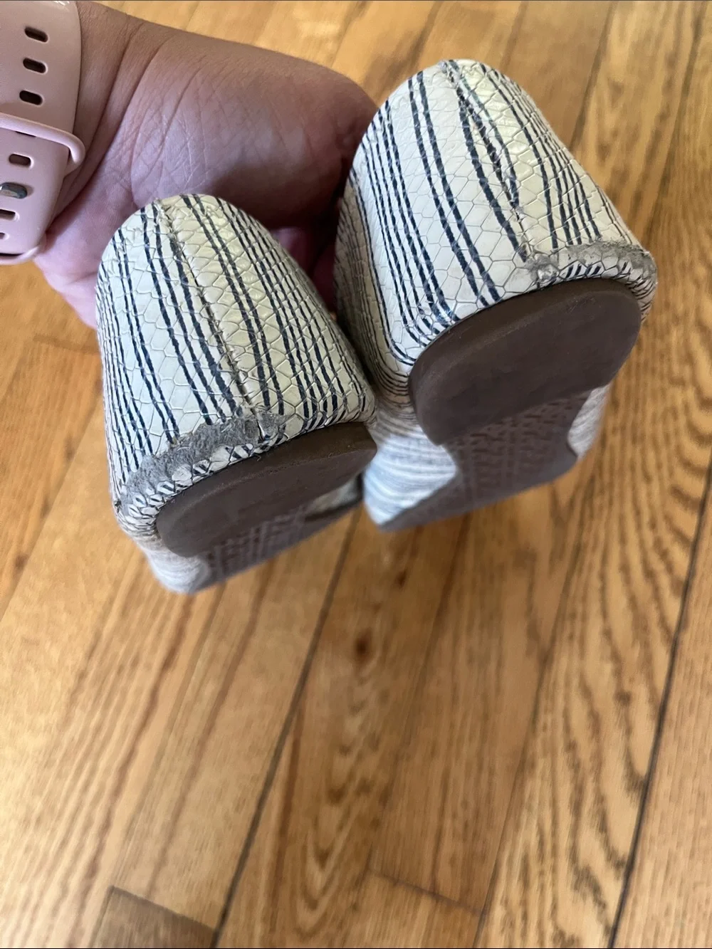 Tory Burch Cream and Navy Striped Logo Circle Toe Flats